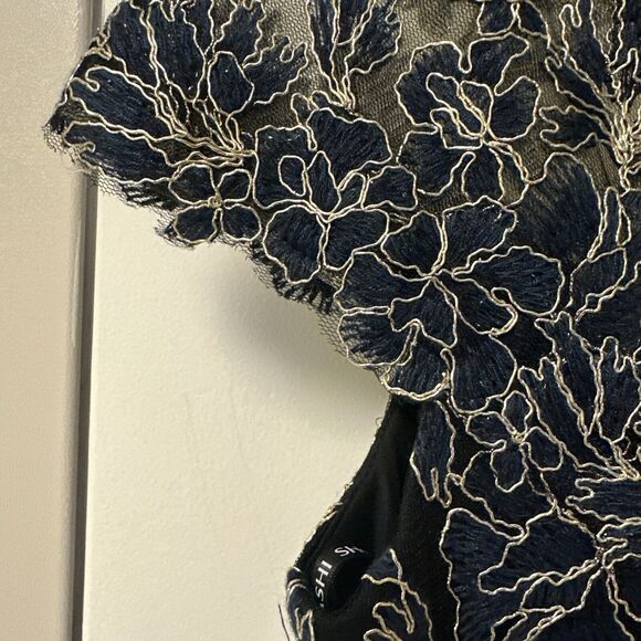 Tadashi Shoji Embroidered Mesh Black Cocktail Dress Blue & Gold Flowers Size 6 - Picture 9 of 13